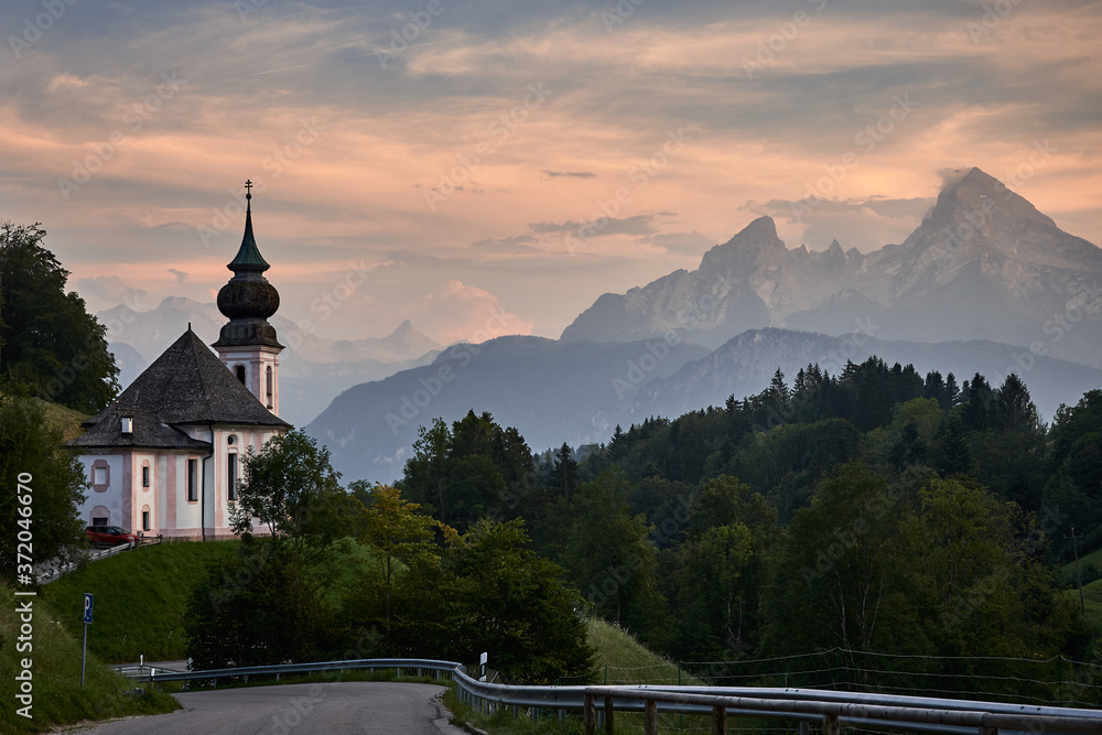 Maria Gern church and Watzmann mountain at sunset in Berchtesgaden, Bavaria, Germany.