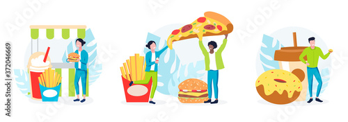 Vector concept of local food event. Tiny people eating different fast food © Rudzhan