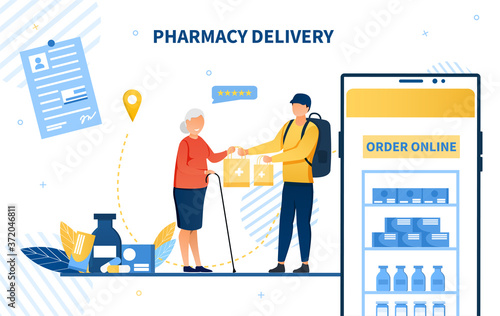 Vector concept of online pharmacy prescription delivery . Courier delivers medicine to elderly woman