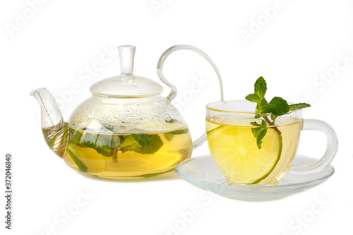 Green tea with lime and mint in a glass jar. Healthy lifestyle. Proper nutrition. Vitamins and antioxidants.