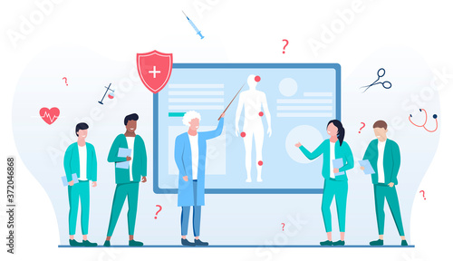 Vector illustration of lecture in medical school. Senior professor teaching students human anatomy and medicine in university