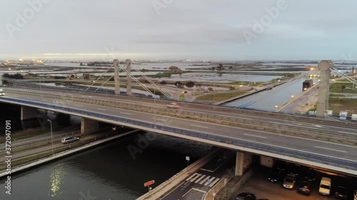 Road in Aveiro, historical village of Portugal. Aerial Drone Footage