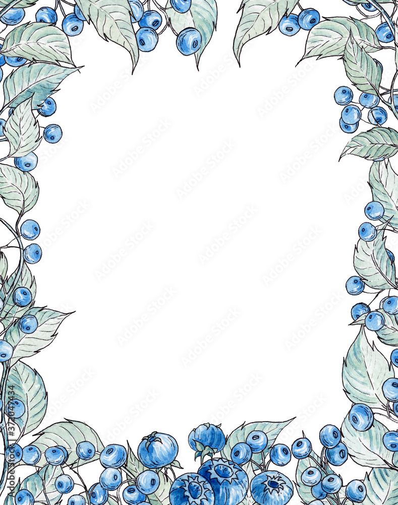 Watercolor card template with copy space. Blue berries and leaves
