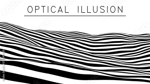 Optical illusion wave. Abstract 3d black and white illusions. Horizontal lines stripes pattern or background with wavy distortion effect. Vector illustration.