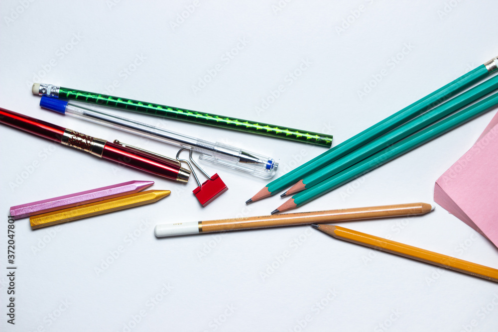School supplies. Education concept. Stationery. There is a place for an inscription or logo. Photo on white background School supplies. Education concept. Stationery. There is a place for an inscription or logo. Photo on white background