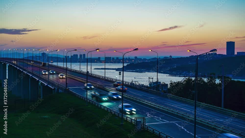 Timelapse of the city landscape with a view of the Russian bridge. Vladivostok, Russia Timelapse of the city landscape with a view of the Russian bridge. Vladivostok, Russia
