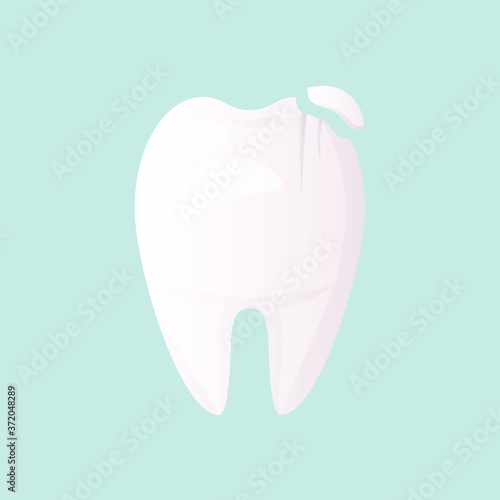 a white tooth with a chipped piece, a small chip and a crack. Protection of teeth and enamel. Daily oral hygiene. Urgent medical dentistry is needed for tooth restoration. Flat design