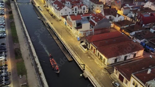 Canal in Aveiro, historical village. The Venice of Portugal. Aerial Drone Footage