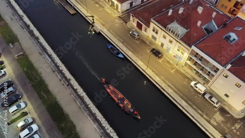 Canal in Aveiro, historical village. The Venice of Portugal. Aerial Drone Footage