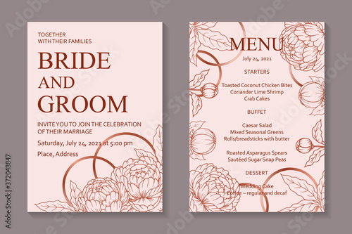 Modern floral luxury wedding invitation design or card templates for birthday greeting or certificate or cover with peonies and rings on a pink background.
