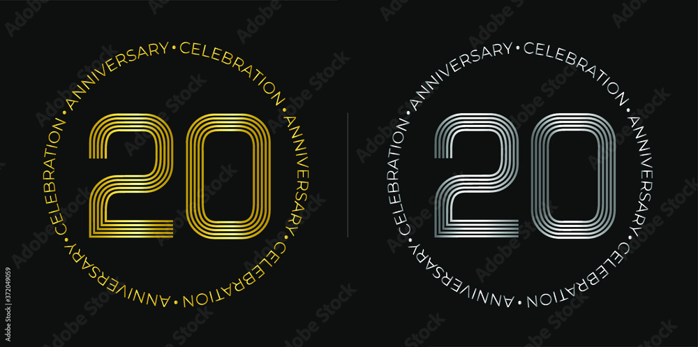 20th birthday. Twenty years anniversary celebration banner in golden and silver colors. Circular logo with original numbers design in elegant lines. 20th birthday. Twenty years anniversary celebration banner in golden and silver colors. Circular logo with original numbers design in elegant lines.