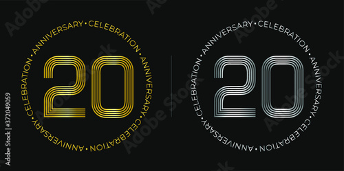 20th birthday. Twenty years anniversary celebration banner in golden and silver colors. Circular logo with original numbers design in elegant lines.