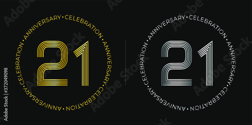 21th birthday. Twenty-one years anniversary celebration banner in golden and silver colors. Circular logo with original numbers design in elegant lines.