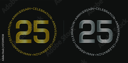 25th birthday. Twenty-five years anniversary celebration banner in golden and silver colors. Circular logo with original numbers design in elegant lines.