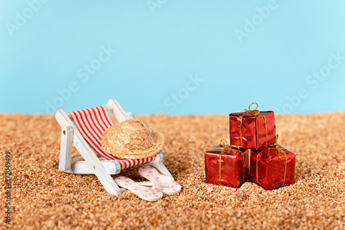 Christmas presents on the beach by the sea, christmas in warm countries.