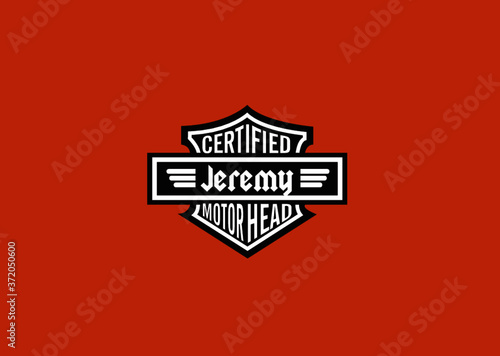 Jeremy Name Art Motor Head Theme Design Black and White Emblem with Orange Background uniquely personalized Illustration 