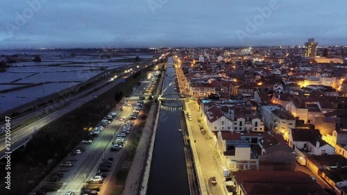 Canal in Aveiro, historical village. The Venice of Portugal. Aerial Drone Footage