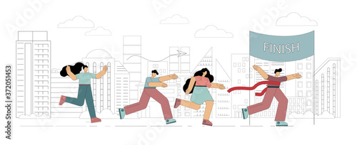 People are racing, running to the finish line to be successful. Business leadership, motivation, advantage, competition. Vector illustration on white background