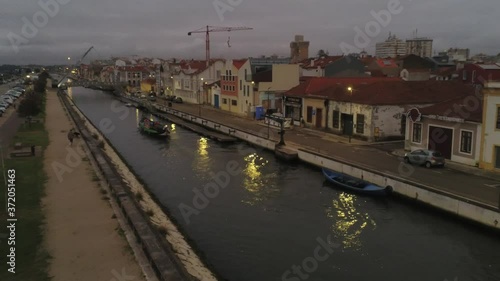 Canal in Aveiro, historical village. The Venice of Portugal. Aerial Drone Footage