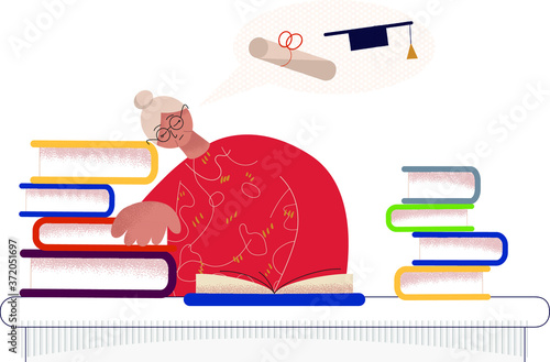 Senior education. Dreams of a diploma. Flat textural illustration.