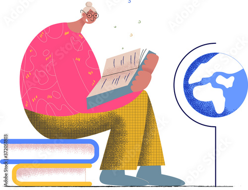 Senior education.  Grandmother reading a book. Flat textural illustration.