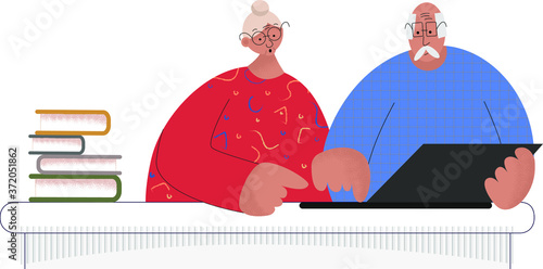 Senior education. Grandfather and grandmother. Help in learning. Computer training. Flat textural illustration.