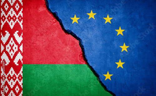 Belarus and European Union conflict. Flags on broken wall. Illustration.