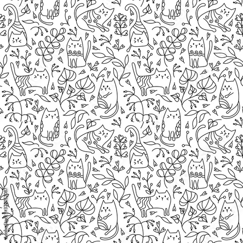Adorable kittens and twigs with leaves seamless pattern. Hand drawn background for fabric, paper and other surfaces.