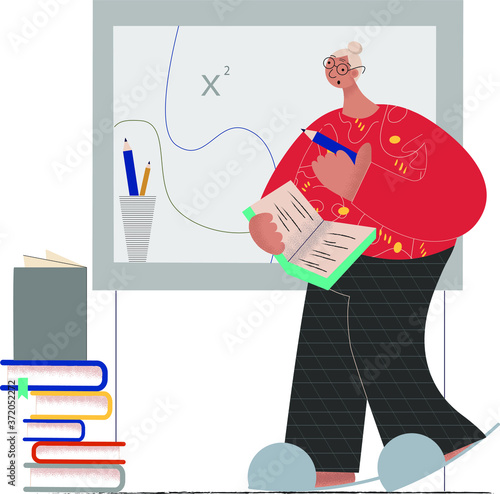 Senior education. Classroom teaching. Grandmother solves a problem at the blackboard. Flat textural illustration.