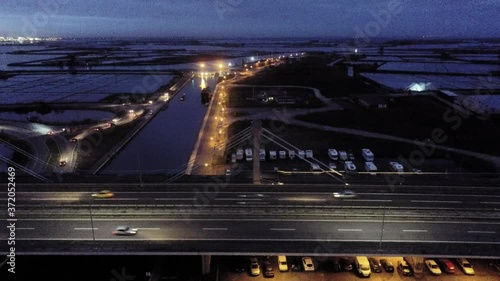 Highway in Aveiro, historical village of Portugal. Aerial Drone Footage