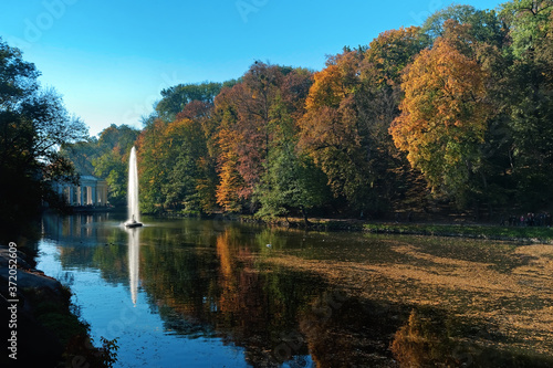The view to the Snake fountain of Sofiyivsky Park, aka Sofiyivka, the arboretum landscape in Uman city of Ukraine in the morning