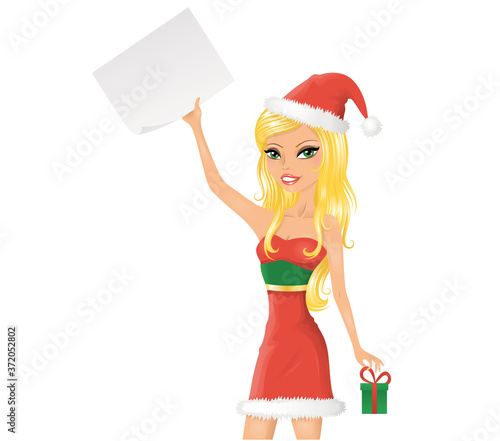 Cute christmas girl with a paper. Isolated on white.