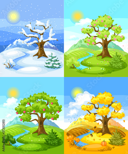 Four seasons landscape. Illustration with trees, mountains and hills in winter, spring, summer, autumn.