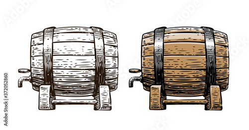 Wooden barrel with faucet sketch. Hand drawn vintage vector illustration