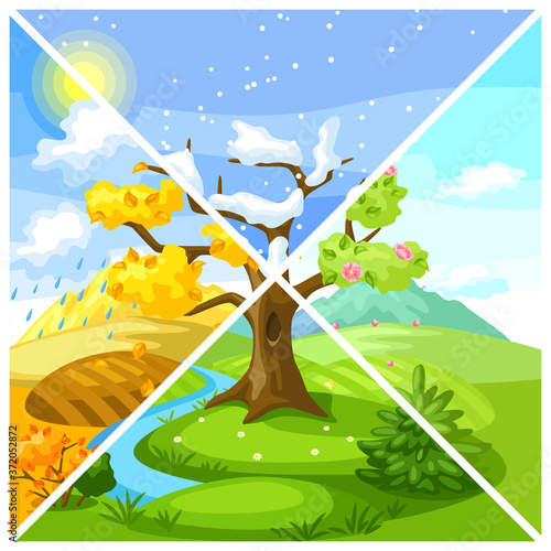 Four seasons landscape. Illustration with trees, mountains and hills in winter, spring, summer, autumn.