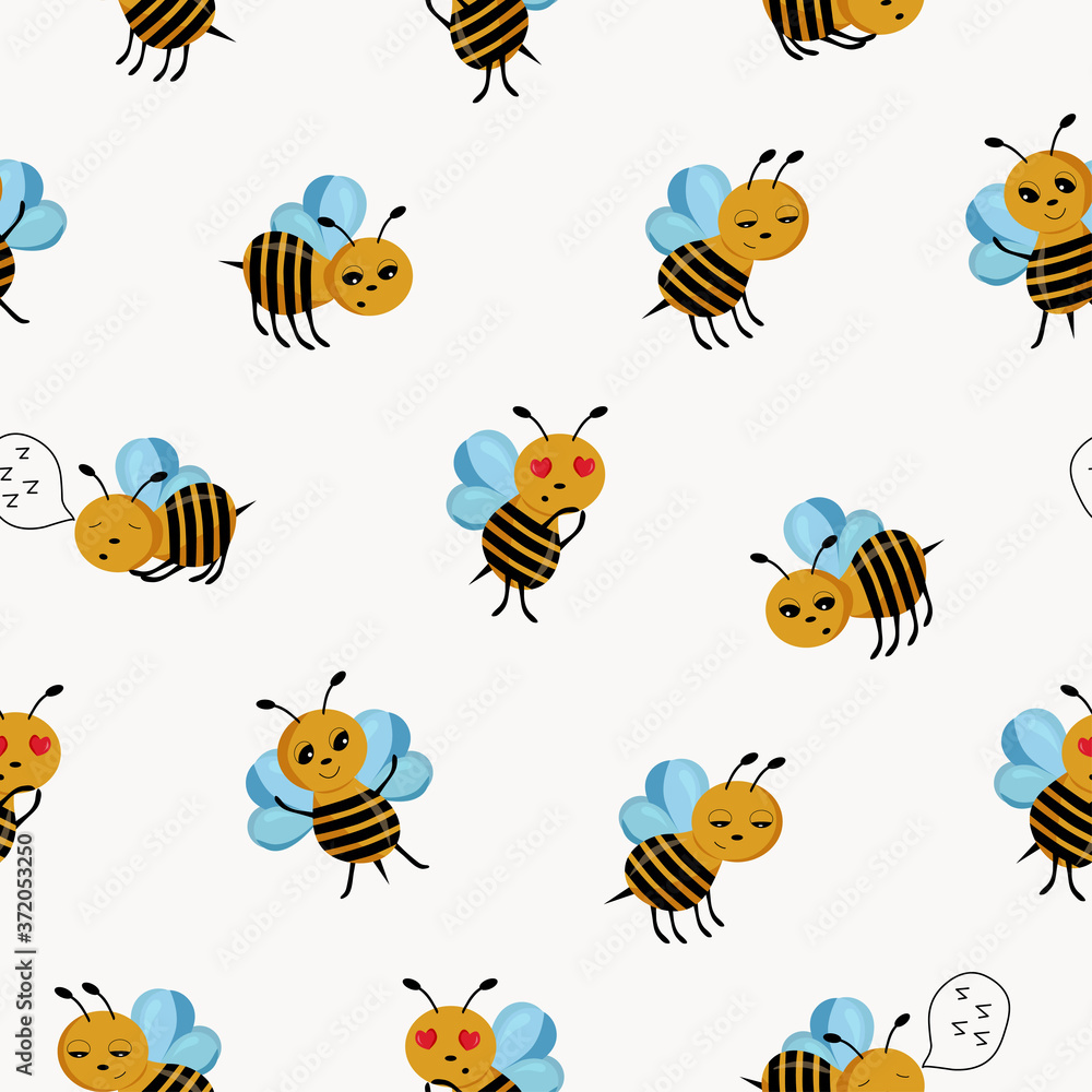 Naklejka Seamless pattern with cute bees. Colorful illustration. Vector illustration on a white background for Wallpaper.