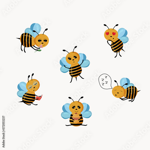 Seamless pattern with bees. Colorful illustration - a sleeping bee  bee happy  bee in love  bee read bee holding a honey bee sniffing a flower. Vector illustration on a white background for Wallpaper.