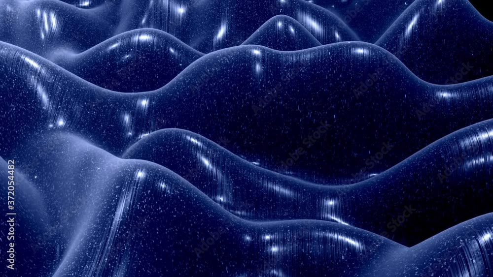 Stylish festive black bg. Fantastical abstract looped background, waves move on glossy surface like landscape made of liquid blue wax with sparkles. Beautiful soft background with smooth animation 4k Stylish festive black bg. Fantastical abstract looped background, waves move on glossy surface like landscape made of liquid blue wax with sparkles. Beautiful soft background with smooth animation 4k