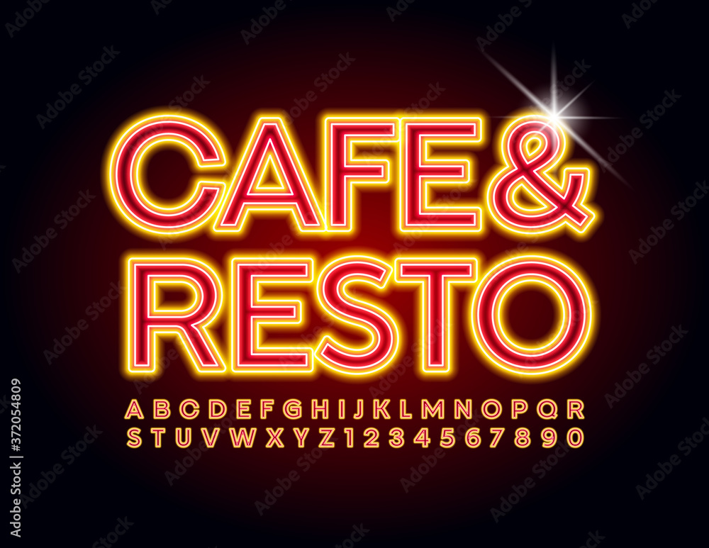 Vector electric sign Cafe & Resto. Neon bright Font. Red and Orange glowing light Alphabet Letters and Numbers