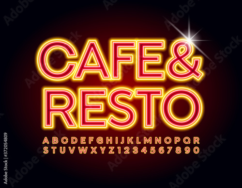 Vector electric sign Cafe & Resto. Neon bright Font. Red and Orange glowing light Alphabet Letters and Numbers