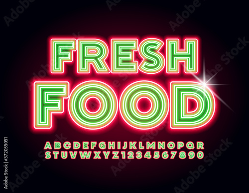 Vector business emblem Fresh Food. Bright Neon Alphabet Letters and Numbers. Electric light Font