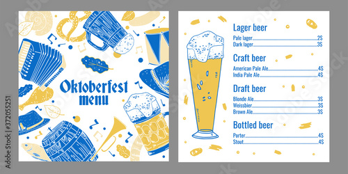 Oktoberfest beer menu print template. Two pages with list of drinks. Glasses, food and traditional objects graphics. Hand drawn vector sketch illustration