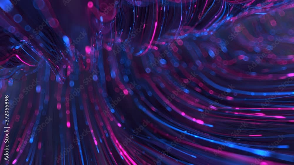 Optical fiber blue and pink neon color. Digital data transfer design. 3D render seamless loop animation