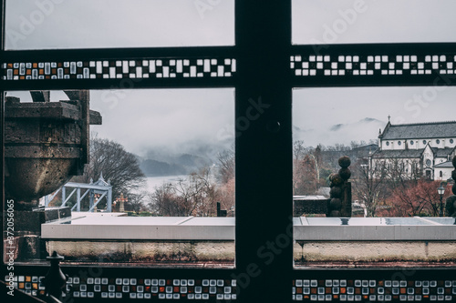 Looking outside the Imperial Hotel Tea Room, outside the MEJI-MURA museum   photo