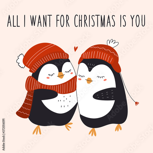 Cute penguins in red caps. All i want for christmas is you. Vector hand drawn illustration.