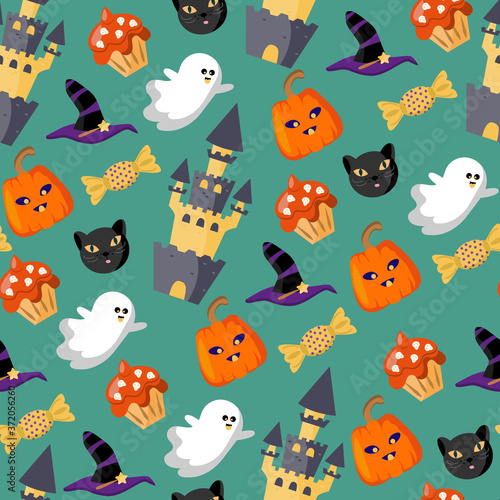 Seamless and endless background with Halloween attributes. Cute ghosts, castle, sweet pastries, pumpkins and a black cat's face on a green background. For the celebration of Halloween. Vector