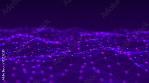 Digital dynamic wave. Abstract futuristic pink background with dots and lines. Big data visualization. 3D rendering.
