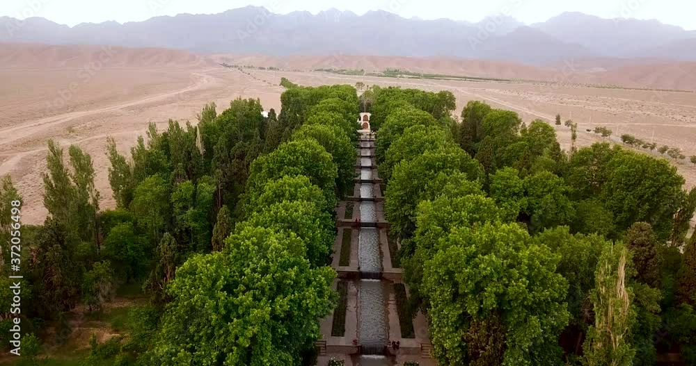 Aerial Rising Aerial rising drone shot moves up the fresh garden with green trees ...