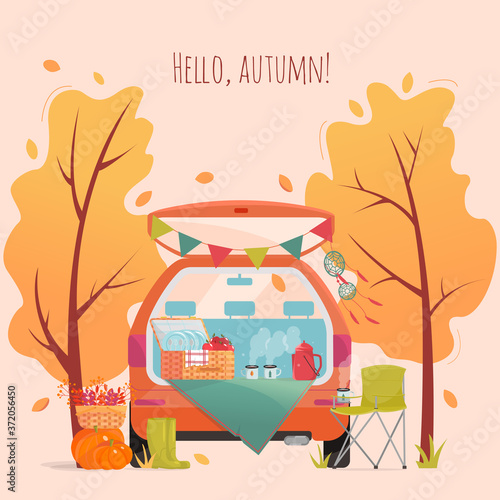 Hello Autumn flat cartoon vector illustration. Family picnic in the forest. Road trip and hiking, outdoor adventures by car. Autumn holidays.