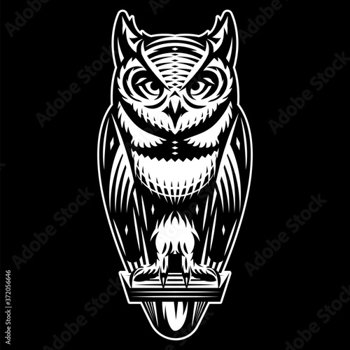 Stylish owl that sits. Vector monochrome illustration. Black background